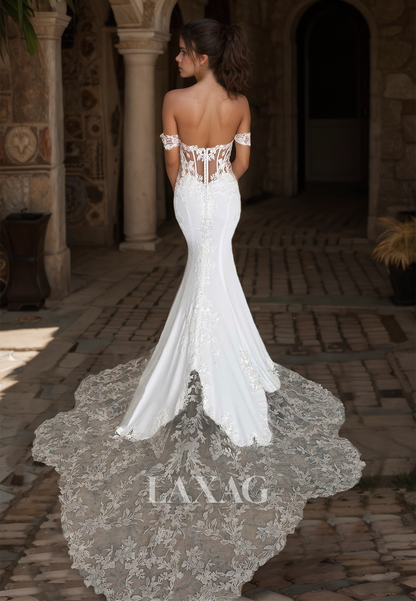 Sweetheart Off-Shoulder Mermaid Wedding Dress Applique Cutout Bride Gowns with Lace Train