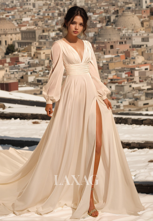 Deep V-Neck Chiffon A-Line Wedding Dress Long-Sleeves Pleated High Slit with Train Bride Gowns