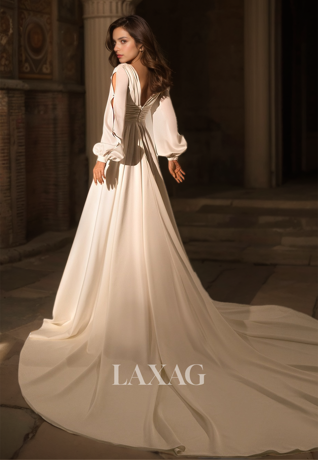 Deep V-Neck Chiffon A-Line Wedding Dress Long-Sleeves Pleated High Slit with Train Bride Gowns