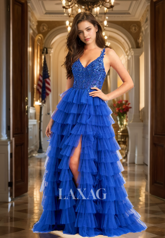 V-Neck Spaghetti Straps Off-Shoulder Sleeveless A-Line Prom Dress Beaded Applique Tiered Tulle Party Gowns