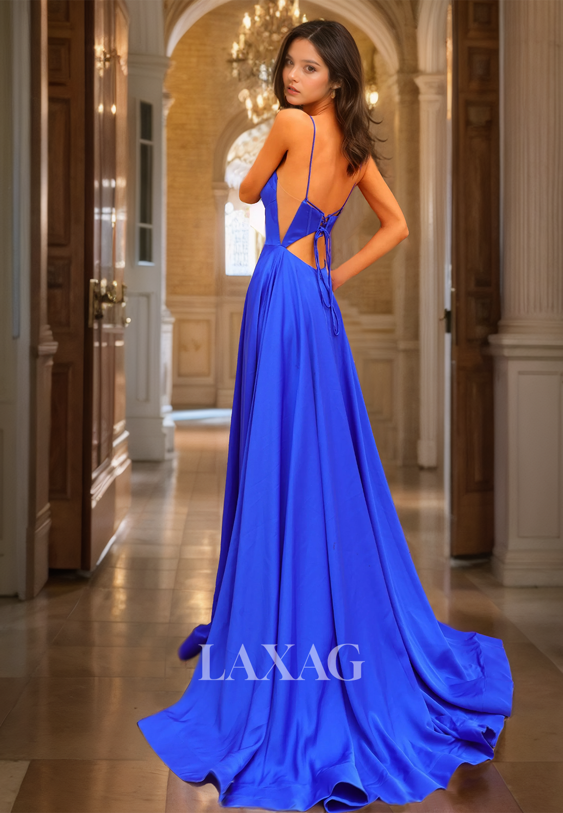 Spaghetti Straps Sweetheart Cutout A-Line Prom Dress Pleated Slit with Train Formal Gowns