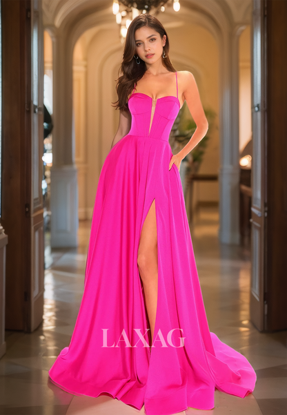 Spaghetti Straps Sweetheart Cutout A-Line Prom Dress Pleated Slit with Train Formal Gowns