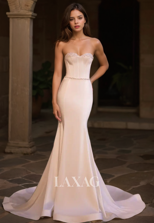 Sweetheart Sleeveless Off-Shoulder Beaded Satin Mermaid Wedding Dress with Sweep Train