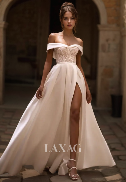 A-Line Sweetheart Sleeveless Wedding Dress Off-Shoulder Beaded Train High Slit Bride Dress