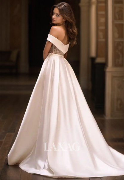 A-Line Sweetheart Sleeveless Wedding Dress Off-Shoulder Beaded Train High Slit Bride Dress