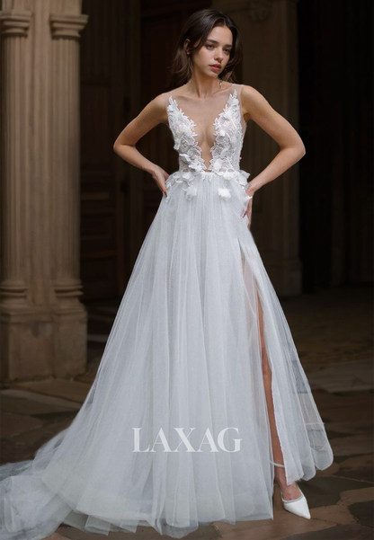 Deep V-Neck Tulle Straps A-Line Wedding Dress Floral Embellished Applique Beaded Bride Dress