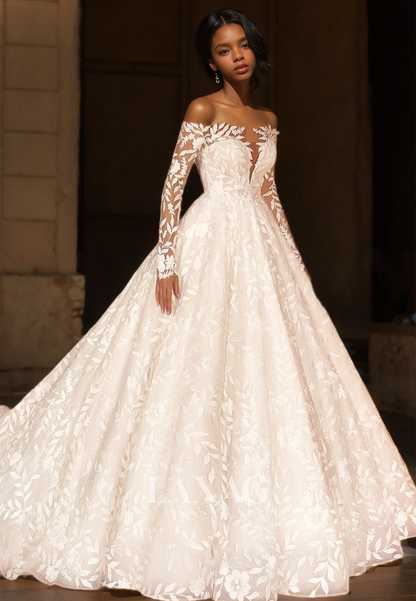 Deep V-Neck Long-Sleeves A-line Wedding Dress Off-Shoulder Allover Lace Applique Train Bride Gowns