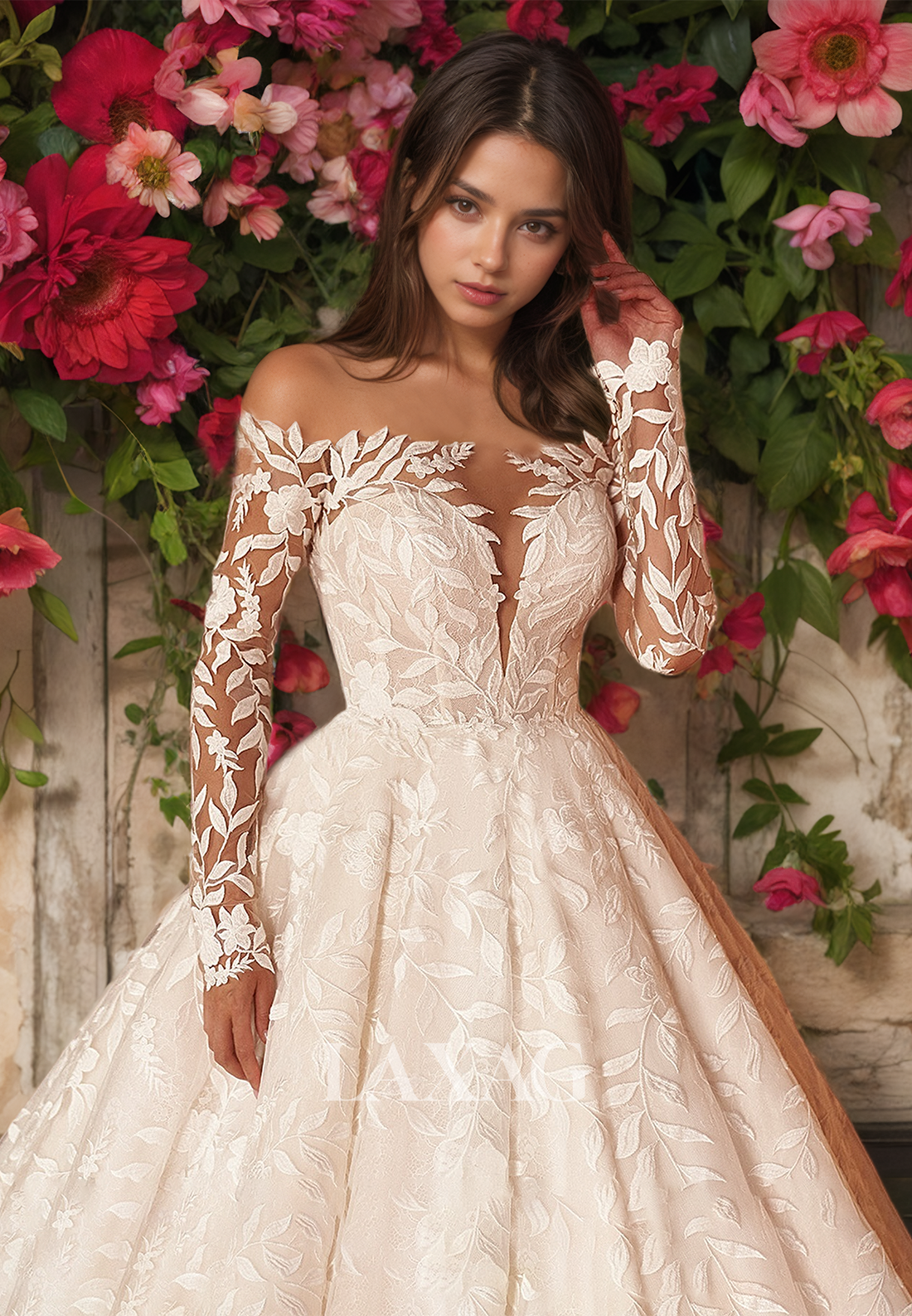 Deep V-Neck Long-Sleeves A-line Wedding Dress Off-Shoulder Allover Lace Applique Train Bride Gowns