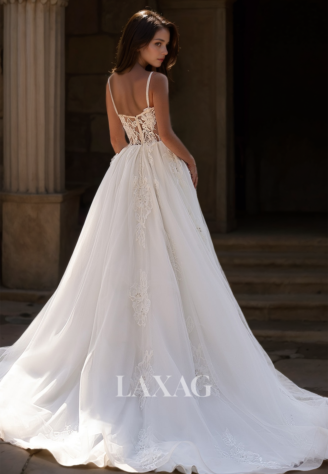 Sweetheart Spaghetti Straps A-Line Wedding Dress Applique Sheer High Slit Tulle Brided Gowns