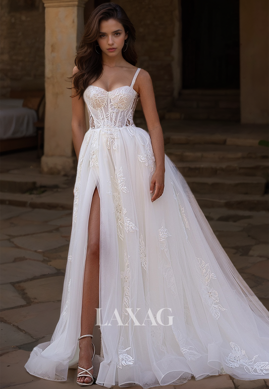 Sweetheart Spaghetti Straps A-Line Wedding Dress Applique Sheer High Slit Tulle Brided Gowns