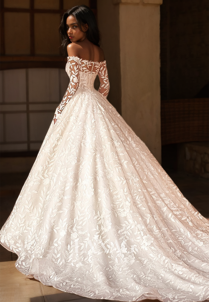 Deep V-Neck Long-Sleeves A-line Wedding Dress Off-Shoulder Allover Lace Applique Train Bride Gowns