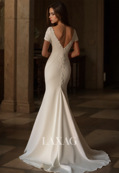 Short-Sleeves Scoop-Neck Applique Mermaid Wedding Dress Beaded Sweep Train Satin Bride Gowns