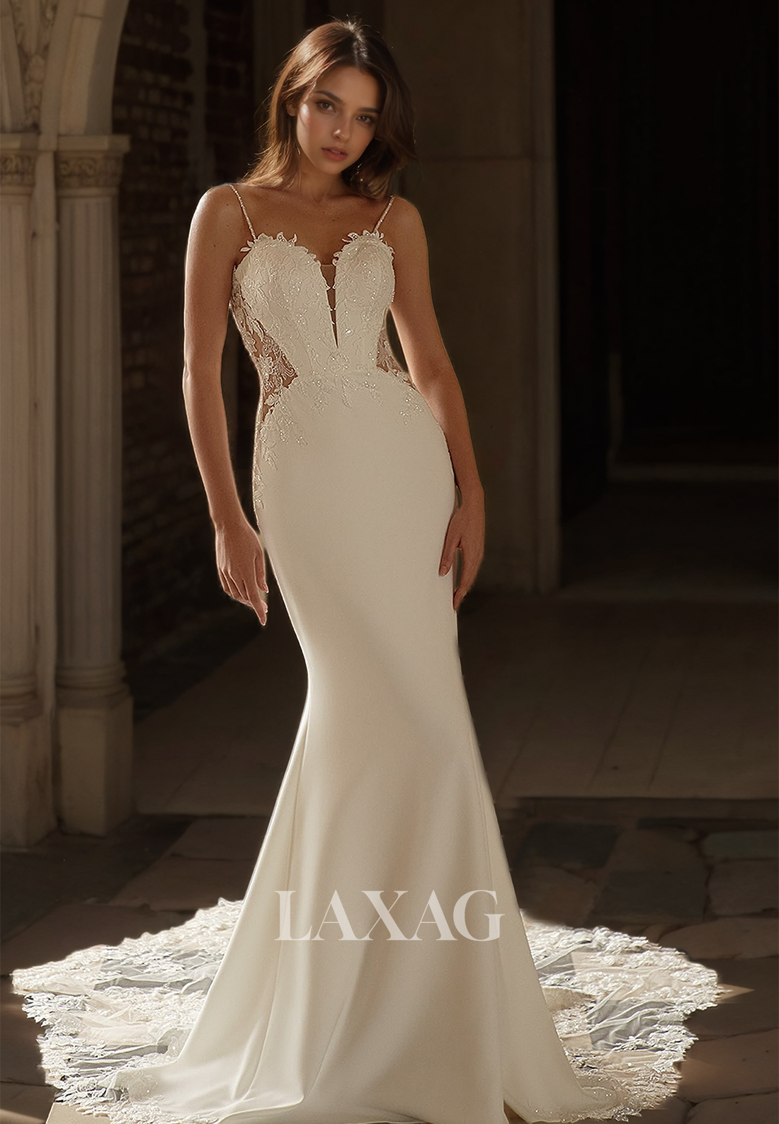 Spaghetti Straps Sweetheart Sleeveless Off-Shoulder Applique Beaded Cutout Mermaid Wedding Dress with Lace Train