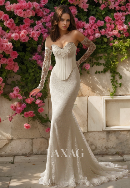 Long-Sleeves Sweetheart Mermaid Wedding Dress Allover Lace Beaded Sweep Train Bride Gowns  with Overskirt