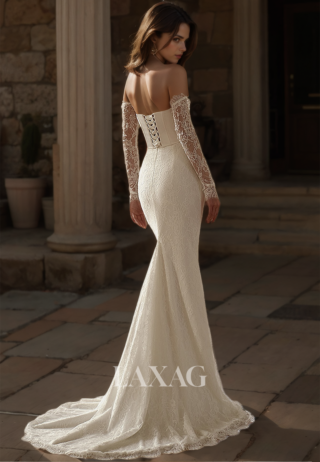 Long-Sleeves Sweetheart Mermaid Wedding Dress Allover Lace Beaded Sweep Train Bride Gowns  with Overskirt