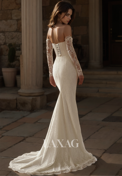 Long-Sleeves Sweetheart Mermaid Wedding Dress Allover Lace Beaded Sweep Train Bride Gowns  with Overskirt