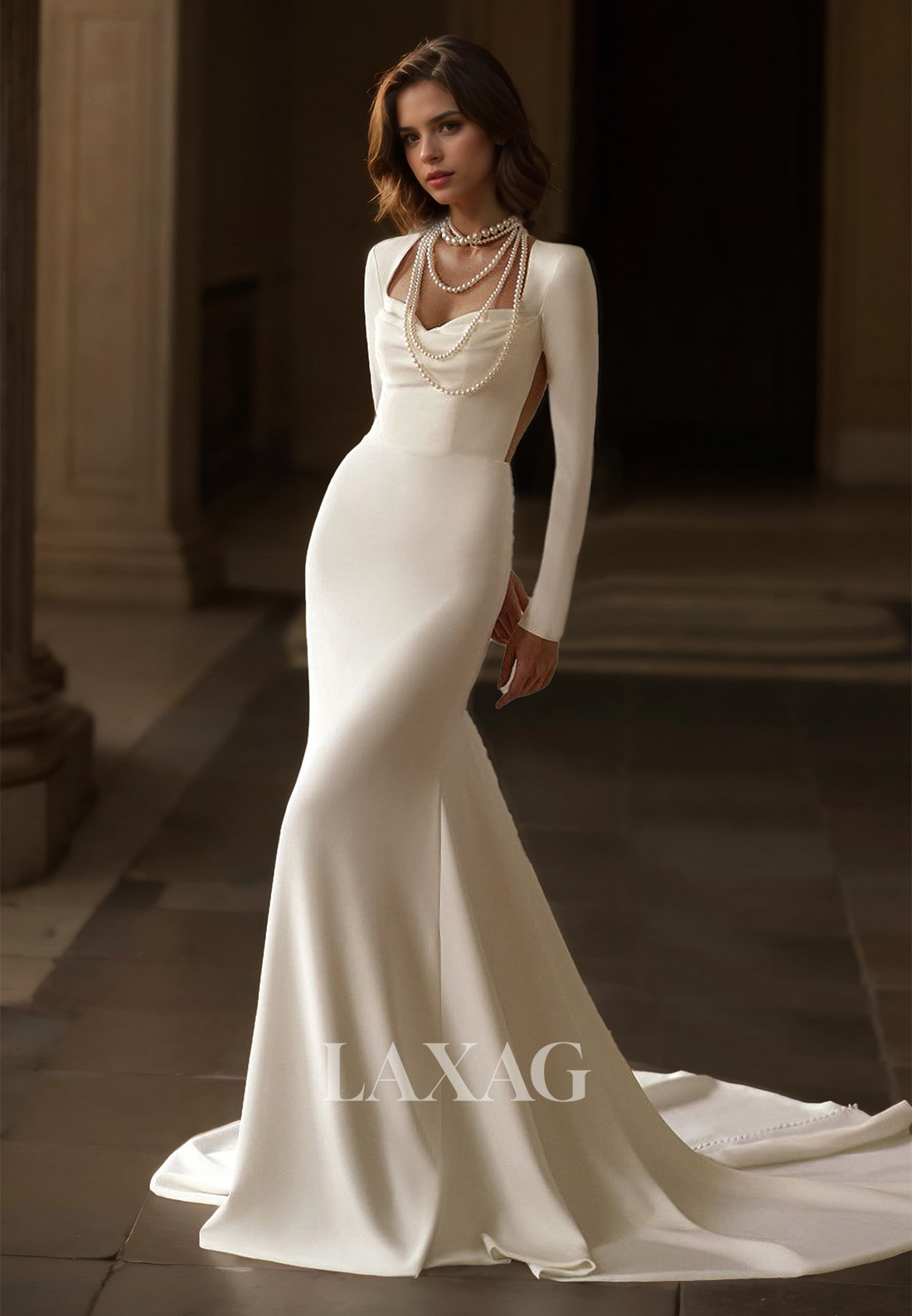 Simple Pleated Sweetheart Long-Sleeves Mermaid Wedding Dress Strapless Train Satin Bride Gowns