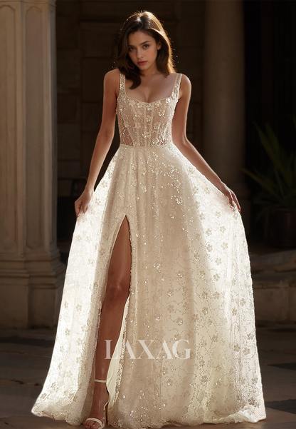 Square-Neck Sleeveless Straps A-Line Bride Gowns Fully Sequined Lace High Slit Wedding Dress