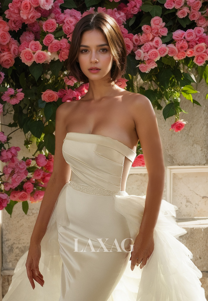 Tube Top Sleeveless Satin Mermaid Wedding Dress Beaded Sweep Train Brided Gowns with Tulle Overskirt