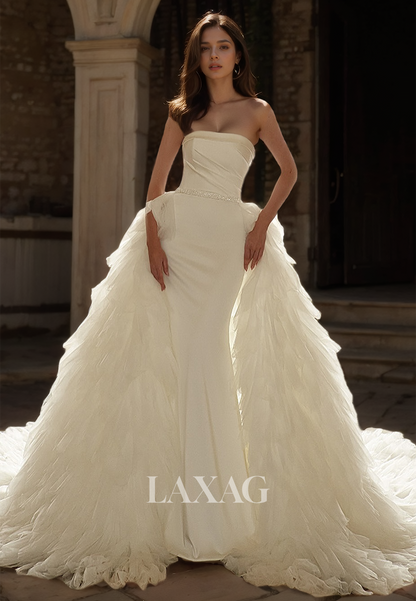 Tube Top Sleeveless Satin Mermaid Wedding Dress Beaded Sweep Train Brided Gowns with Tulle Overskirt