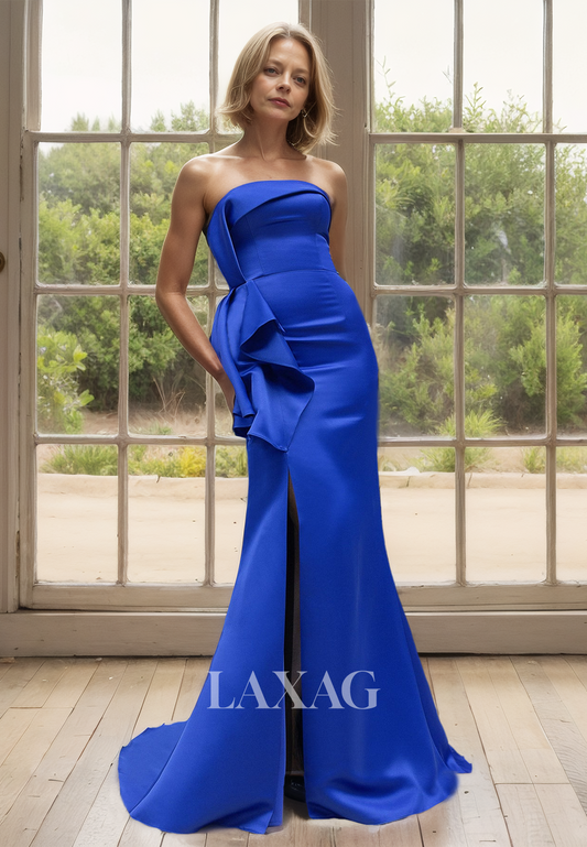 Sleeveless Tube Top SatinMermaid Mother of the Bride Dress Pleated Train Cocktail Gowns with Slit