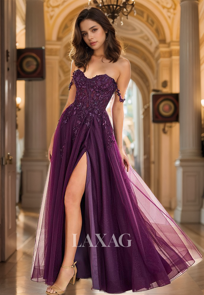 Spaghetti Straps Sleeveless Off-Shoulder A-Line Prom Dress Sweetheart Pleated Applique Floor-Length Party Gowns