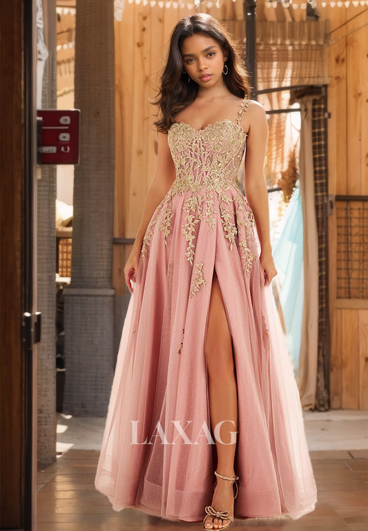 Spaghetti Straps Sleeveless Off-Shoulder A-Line Prom Dress Sweetheart Pleated Applique Floor-Length Party Gowns