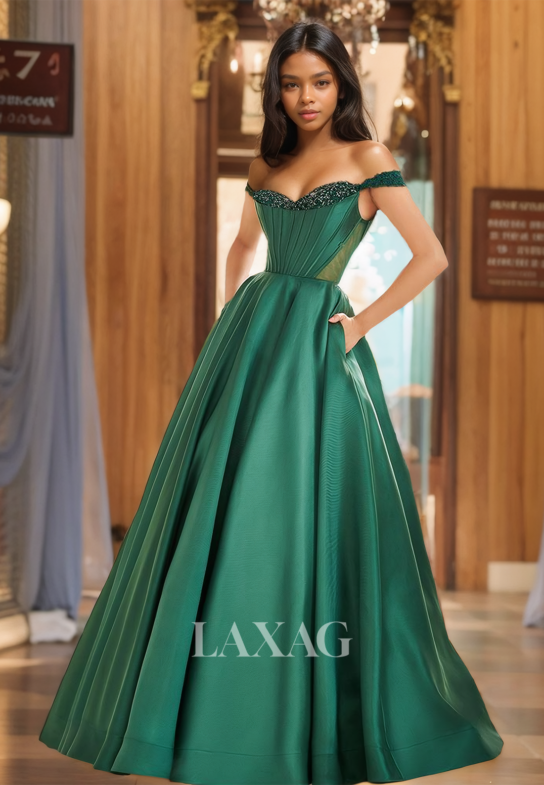 Sleeveless Beaded Sweetheart A-Line Dinner Gowns Pleated Floor-Length Formal Prom Dress