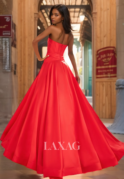 Simple Scoop-Neck Off-Shoulder A-line Prom Dress Sleeveless Pleated Sweep Train Formal Gowns