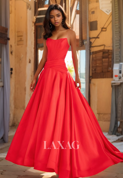 Simple Scoop-Neck Off-Shoulder A-line Prom Dress Sleeveless Pleated Sweep Train Formal Gowns