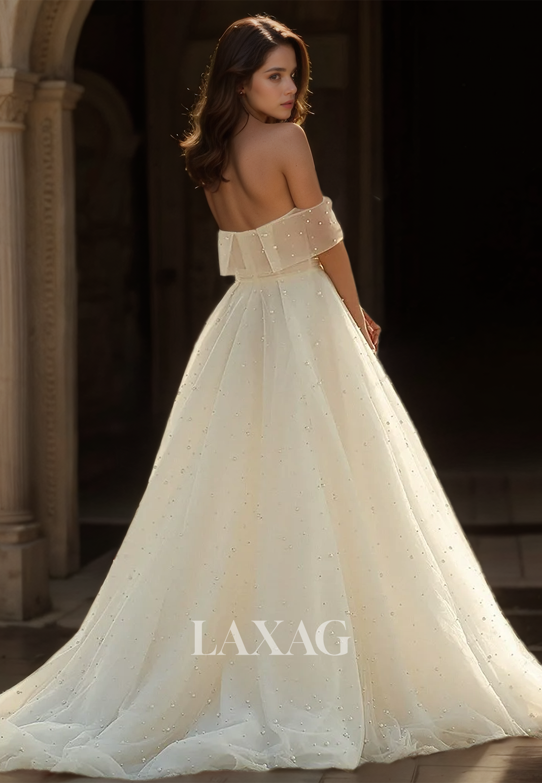 Tube Top Off-Shoulder Tulle A-Line Wedding Dress Sleeveless Beaded Illusion Bride Gowns with Train