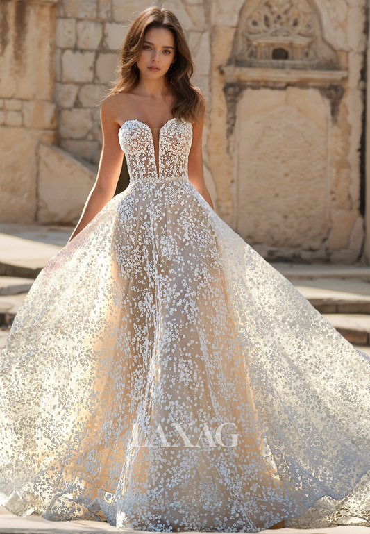 Ornate Sweetheart Strapless Sleeveless Allover Lace Floral Appliqued Wedding Dress with Train