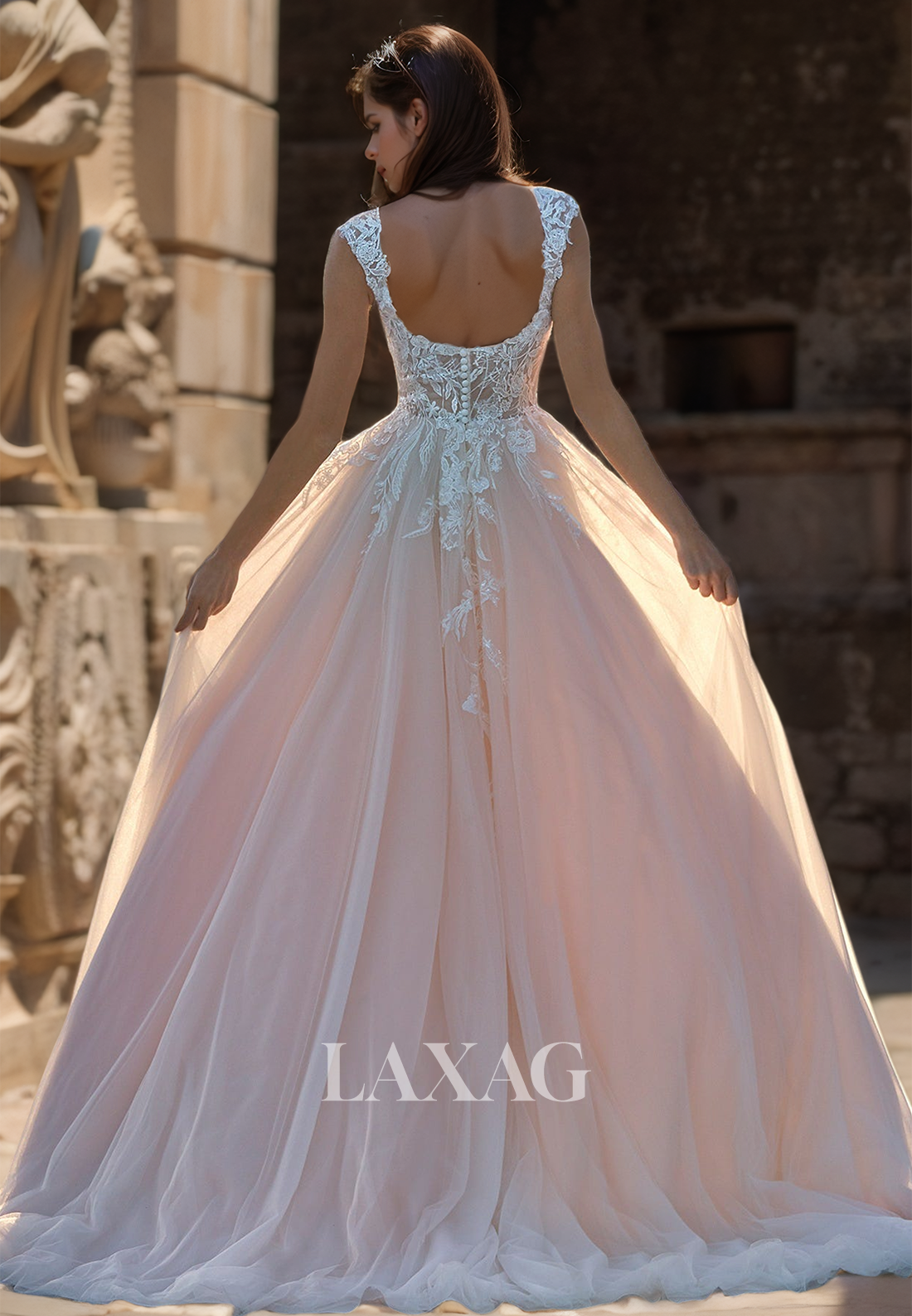 Squre-Neck Beaded Straps Tulle A-Line Wedding Dress Lace Applique Train Sleeveless Bride Gowns