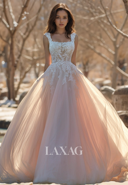 Squre-Neck Beaded Straps Tulle A-Line Wedding Dress Lace Applique Train Sleeveless Bride Gowns