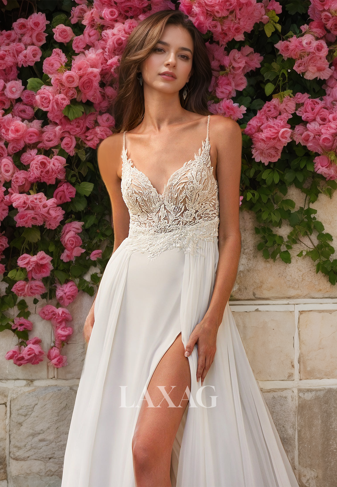 V-Neck Spaghetti Straps Sleeveless Bride Gowns  Applique Cutout Train A-Line Wedding Dress