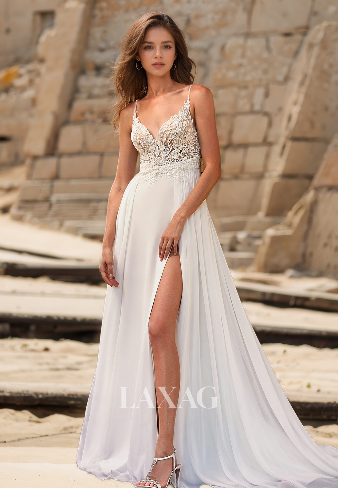 V-Neck Spaghetti Straps Sleeveless Bride Gowns  Applique Cutout Train A-Line Wedding Dress