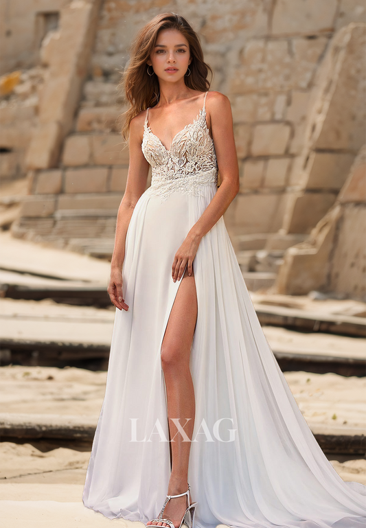 V-Neck Spaghetti Straps Sleeveless Bride Gowns  Applique Cutout Train A-Line Wedding Dress