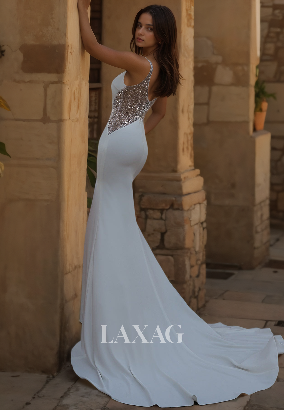 Deep V-Neck Straps Sleeveless Mermaid Wedding Dress Beaded Sequined Cutout Bride Gowns with Train