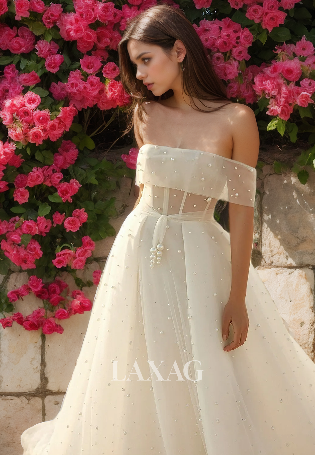 Tube Top Off-Shoulder Tulle A-Line Wedding Dress Sleeveless Beaded Illusion Bride Gowns with Train