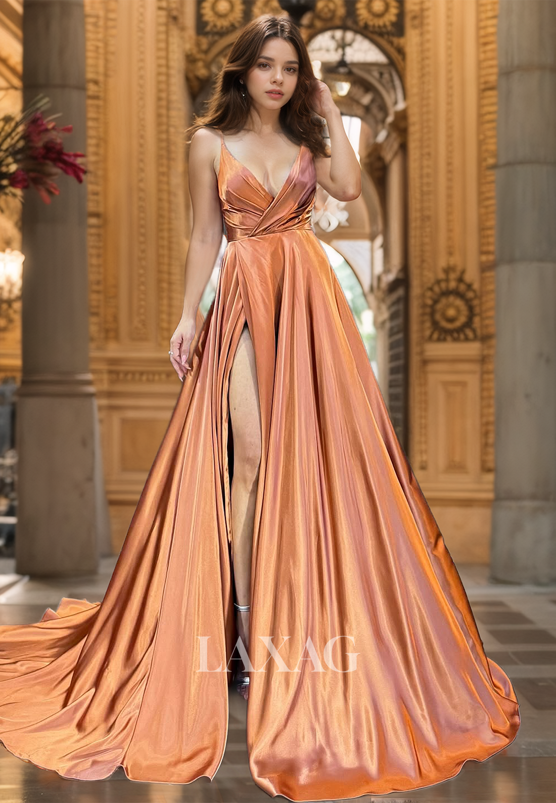 A-Line Spaghetti Straps Off-Shoulder Deep V-Neck Pleated Chiffon Train Prom Dress with High Slit