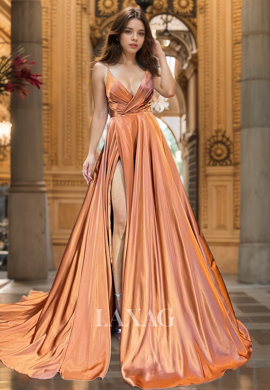 A-Line Spaghetti Straps Off-Shoulder Deep V-Neck Pleated Chiffon Train Prom Dress with High Slit