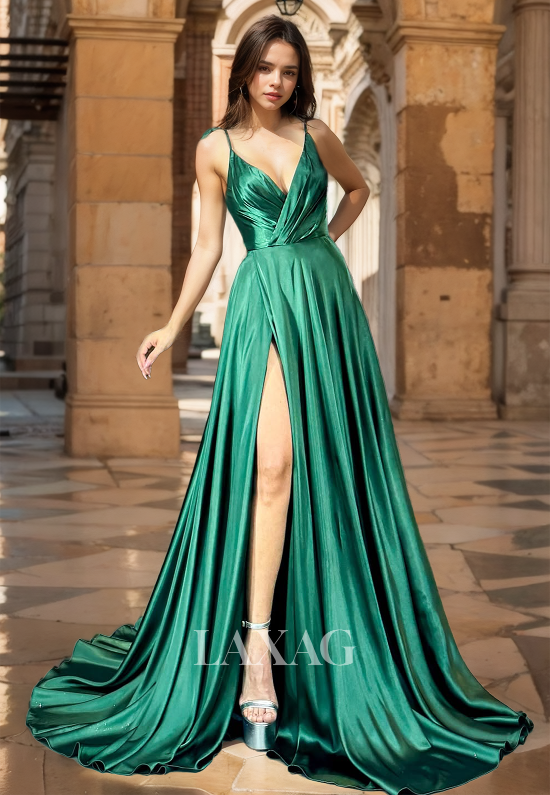 A-Line Spaghetti Straps Off-Shoulder Deep V-Neck Pleated Chiffon Train Prom Dress with High Slit