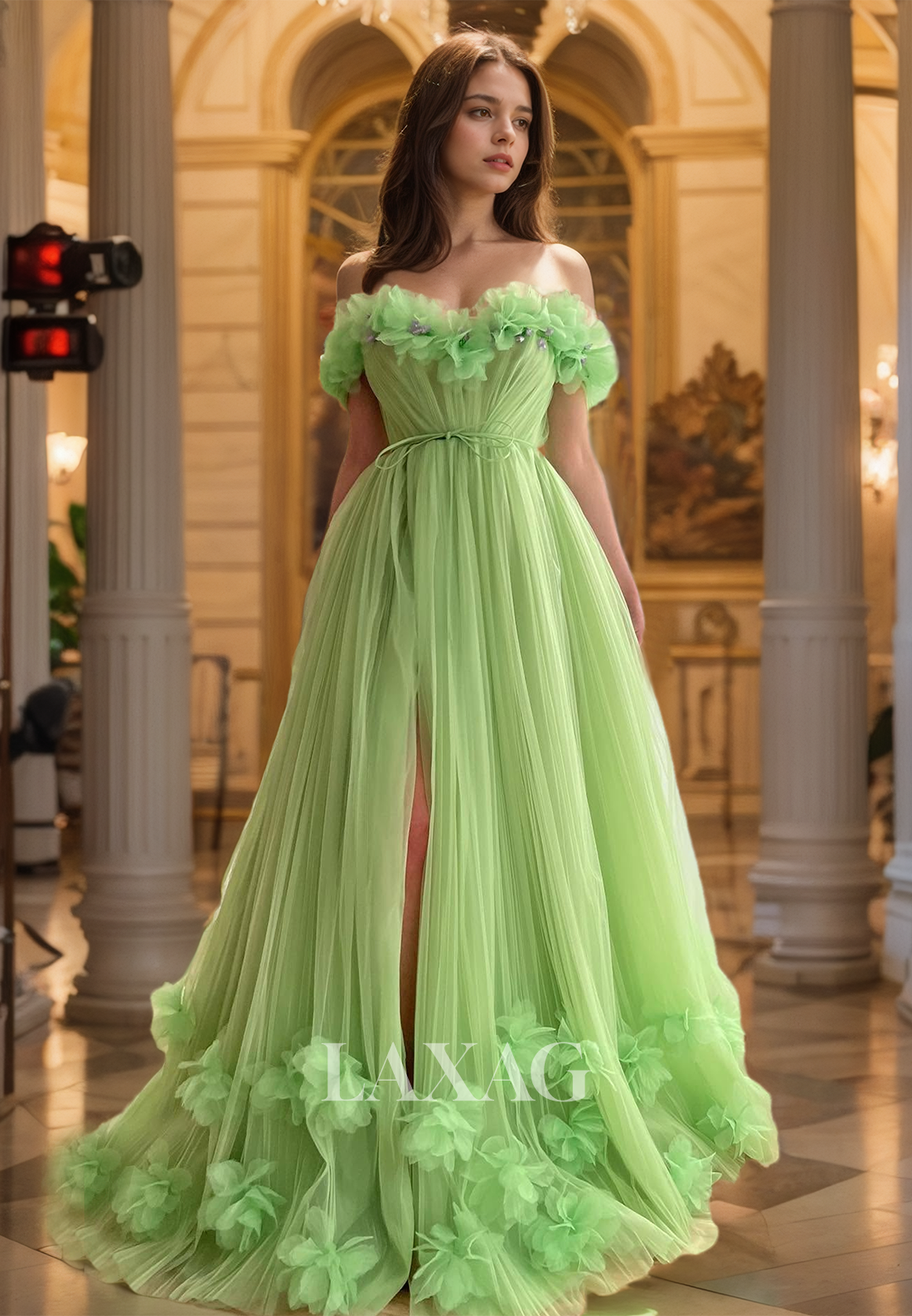 Scoop-Neck Off-Shoulder Tulle  A-Line Prom Dress Pleated Beaded Slit Train Party Gowns with Floral Embellished