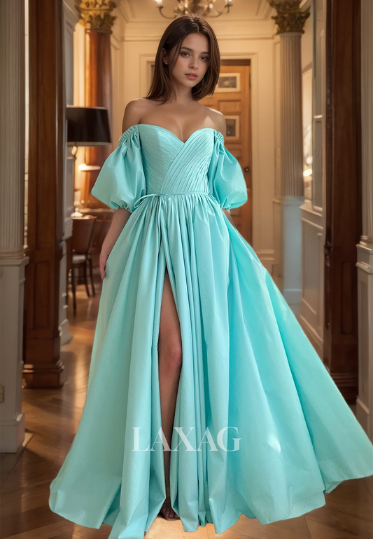 Puff-Sleeves Sweetheart Pleated Satin Formal Dress High Slit Floor-Length A-Line Prom Dress