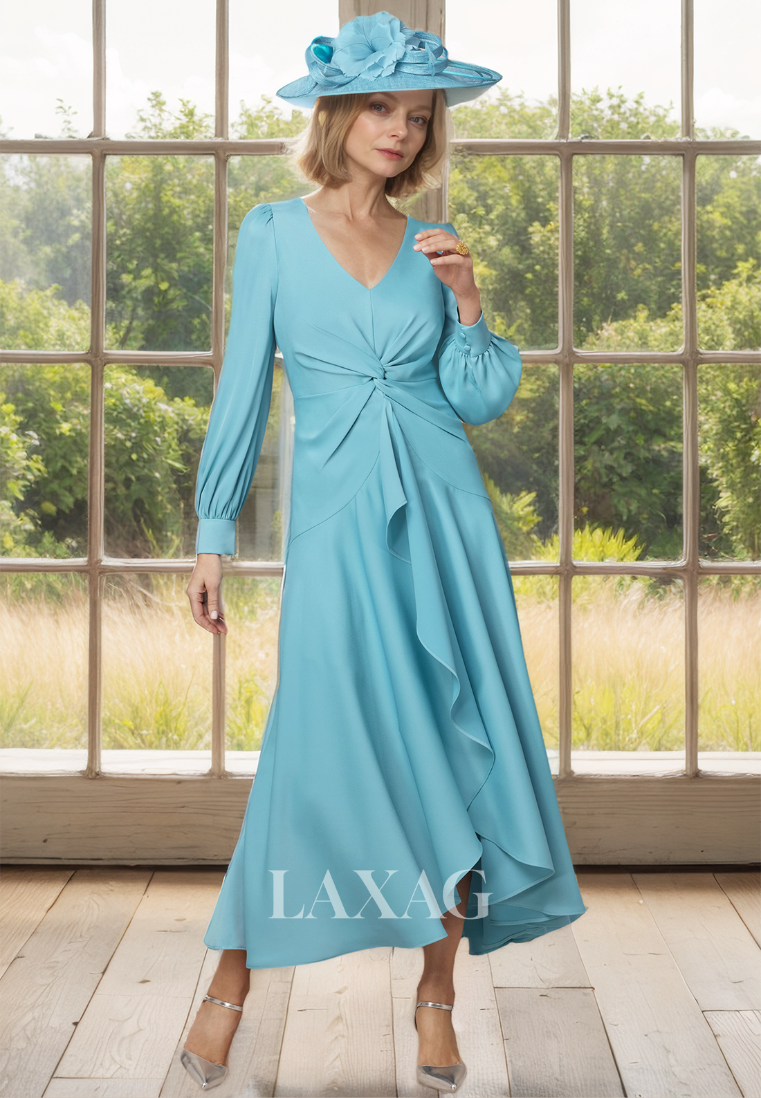 Long-Sleeves V-Neck A-Line Mother of the Bride Dress Pleated Chiffon High-Low Cocktail Gowns