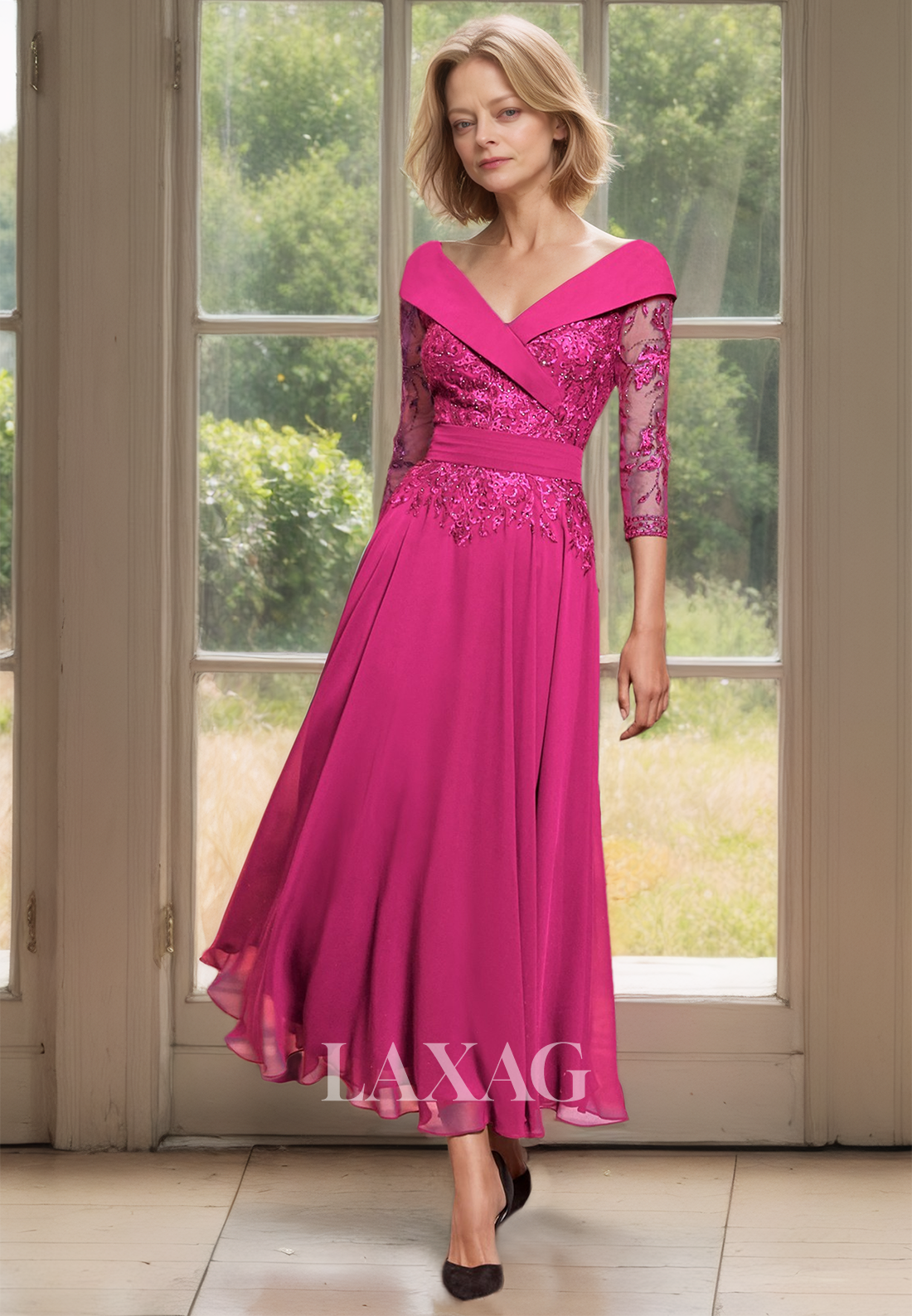 A-Line V-Neck 3/4 Sleeves Chiffon Cocktail Dress Lace Applique Pleated Mother of the Bride Dress