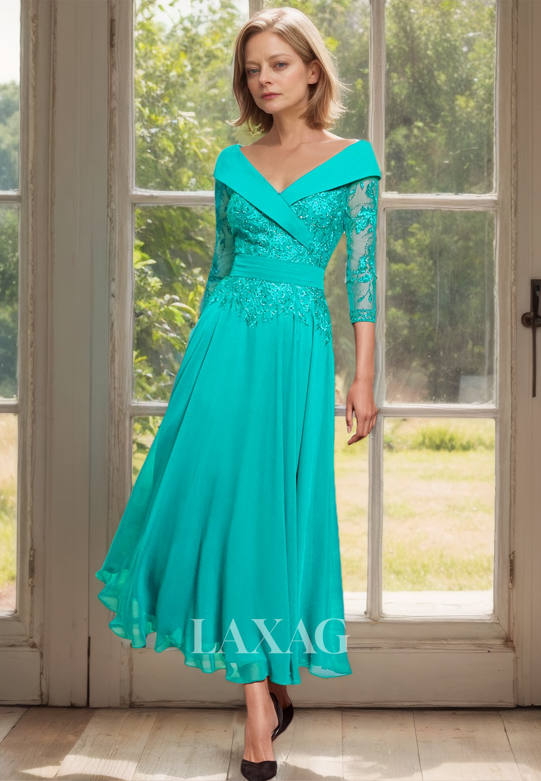 A-Line V-Neck 3/4 Sleeves Chiffon Cocktail Dress Lace Applique Pleated Mother of the Bride Dress