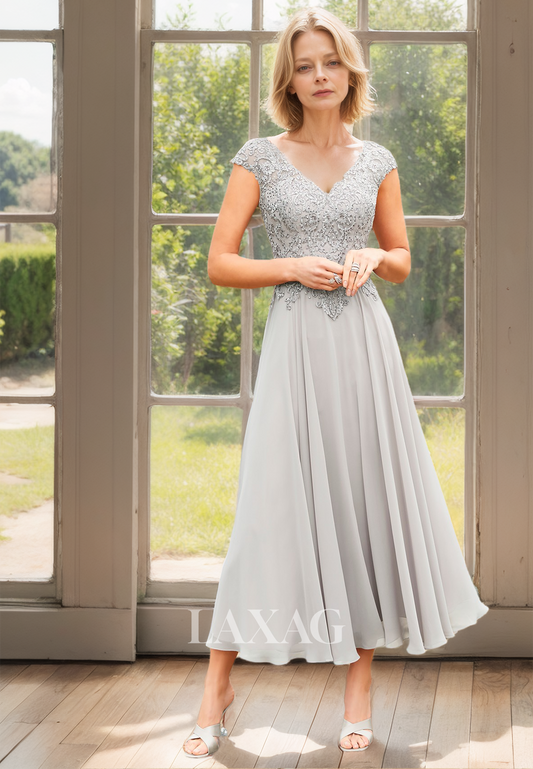 V-Neck Sleeveless Chiffon Cocktail Gowns Beaded Applique A-Line Mother of the Bride Dress