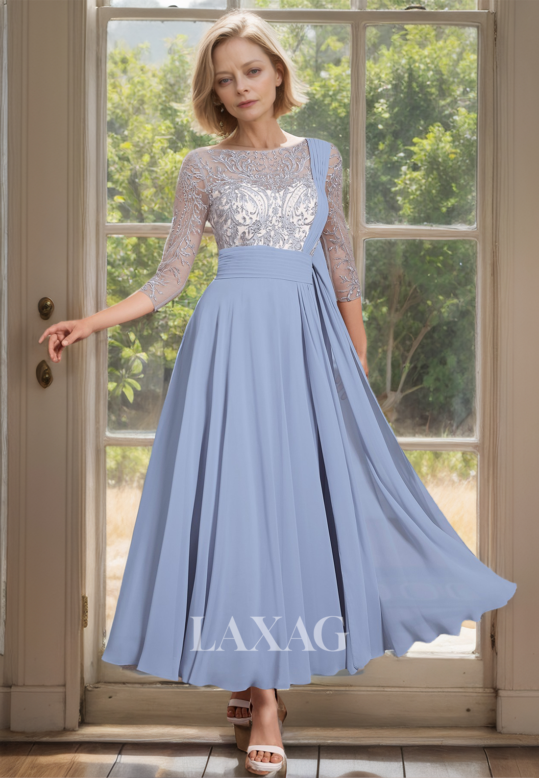 Scoop-Neck Long-Sleeves Chiffon A-Line Mother of the Bride Gowns Lace Applique Beaded Sheer Cocktail Dress