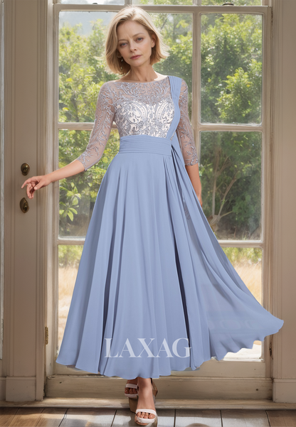 Scoop-Neck Long-Sleeves Chiffon A-Line Mother of the Bride Gowns Lace Applique Beaded Sheer Cocktail Dress